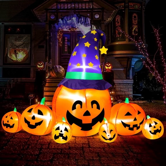 Yexmas 8.7ft Halloween Inflatables Pumpkins 7 Blow Up Decor with Witches Hat, Built-in LED Lights for Halloween Party, Yard, Garden, Lawn
