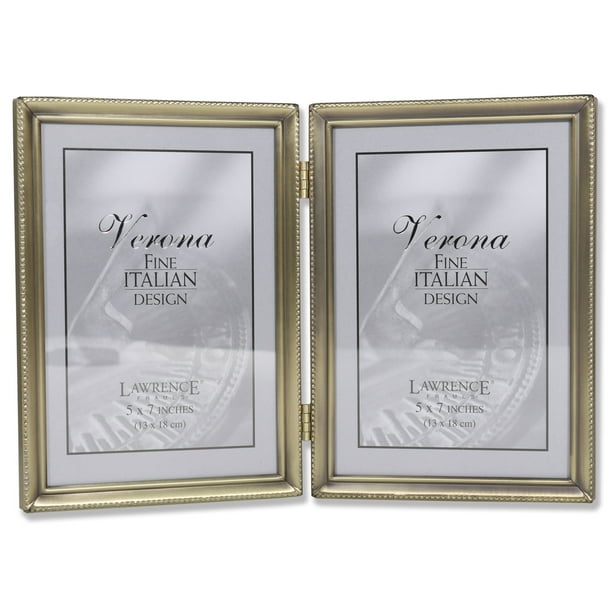 Lawrence Frames Antique Brass 5x7 Hinged Double Picture Frame - Bead