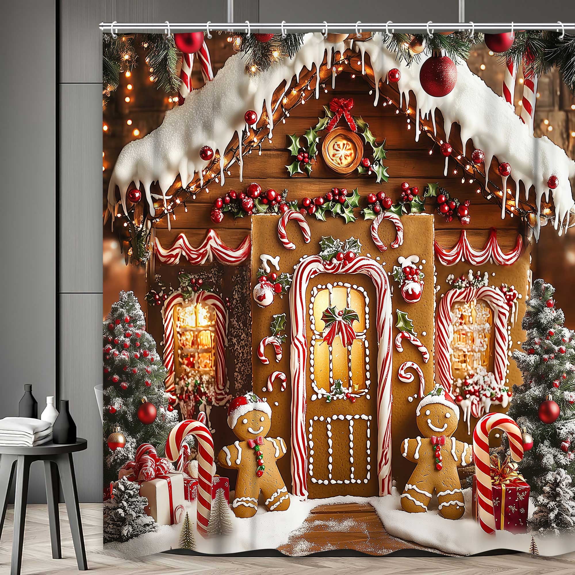 Christmas Kids Shower Curtain, Gingerbread House Snowflake Holiday Fabric Bath Curtain, Xmas Pine Tree Restroom Decor Bathroom Accessories with Hooks, 72X72in