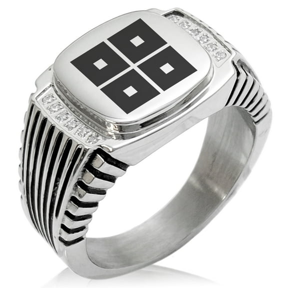 Stainless Steel Kyogoku Samurai Crest CZ Ribbed Needle Stripe Pattern Biker Style Polished Ring