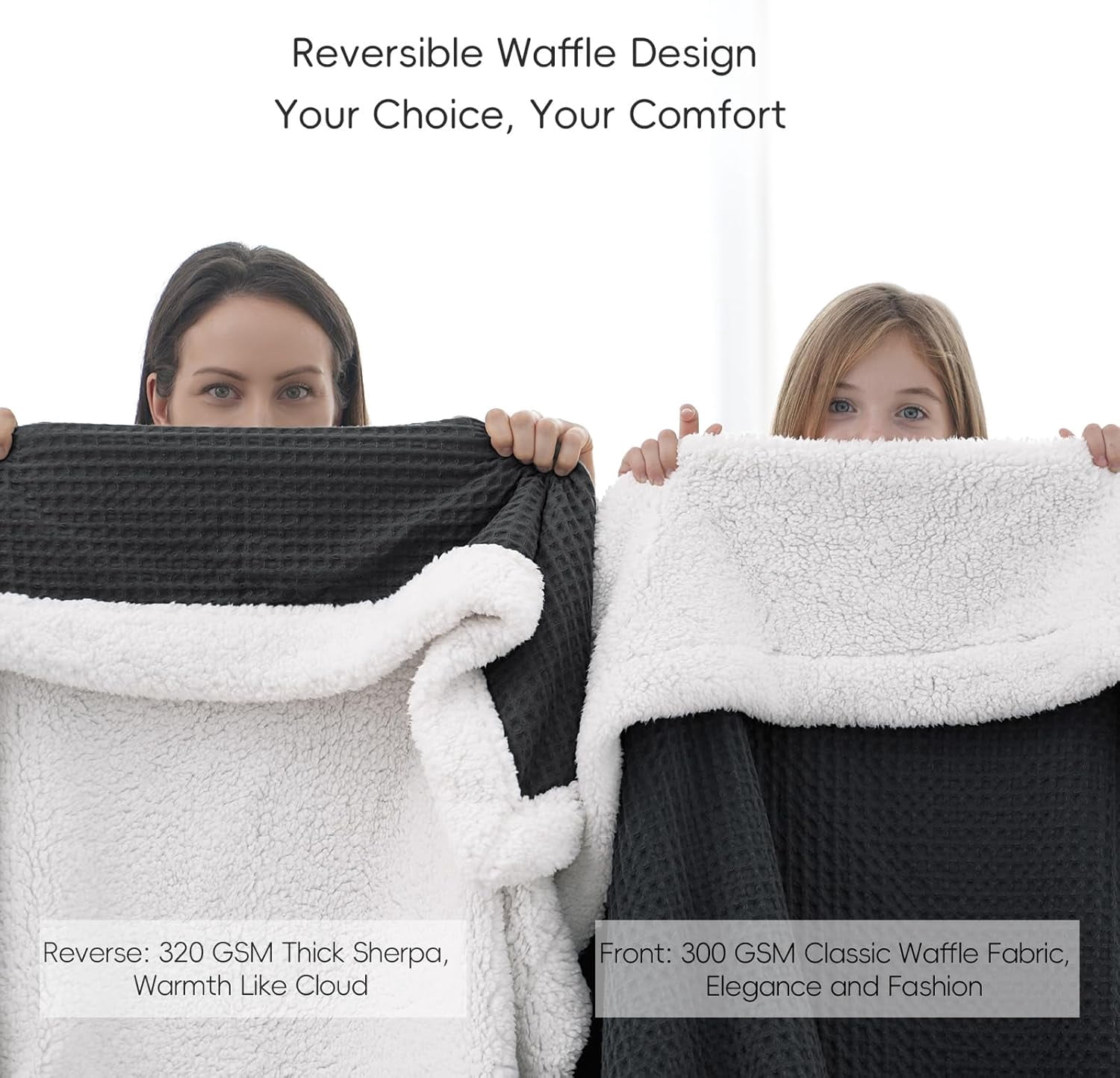 PHF Waffle Sherpa Bed Blanket Twin Size, Cozy Warm Reversible Plush Flannel Blanket for Winter, 60" x 80", Black