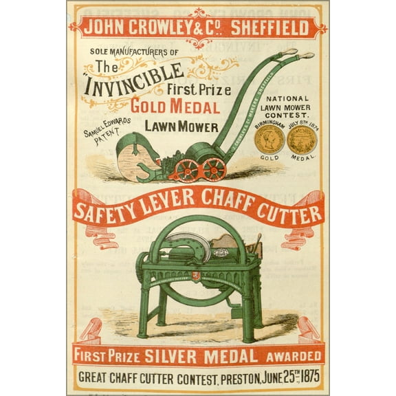 24"x36" Gallery Poster, advertisement for the invincible manual powered lawn mower 1876