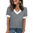 thumbnail image 2 of Women's Summer Tops V Neck Short Sleeve T-Shirts Color Block Casual Fashion Tees Clothes Gray, 2 of 9