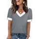 thumbnail image 2 of Mujeres Tops Casual Color Bloque Manga Corta V Cuello Blusa Moda Verano Primavera Respirable, 2 of 9