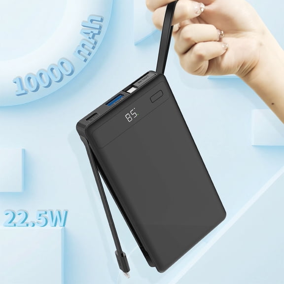 10000mAh Power Bank, Ultra-Slim All-in-One Portable Charger, Built-in USB-C Cable for Input & Output, 22.5W 4-Port Fast Charging, Safe Li-Polymer Battery Pack for iPhone 12-17/Android