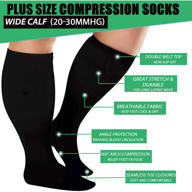 3 Pairs Plus Size Compression Socks for Women and Men Wide Calf 20-30mmhg  Extra Large Knee High Support for Circulation，3XL/4XL