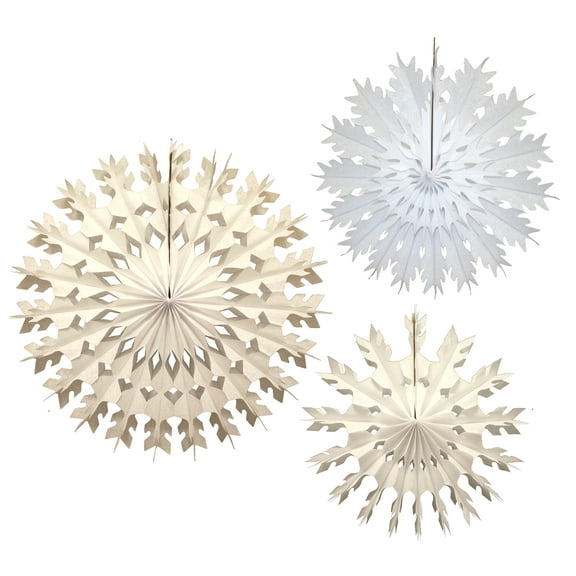 Devra Party Hanging Tissue Paper Snowflakes, White, Set of 3 (15 inch, 19 inch, 22 inch)