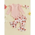 thumbnail image 2 of Suealasg 3Pcs Baby Girl Fall Outfits Set Long Sleeve Ribbed Romper + Floral Print Flare Pants + Headband Set 3 6 12 18 Months Infant Girl Spring Clothes, 2 of 7