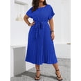thumbnail image 4 of Royal Blue Plus Size Crew Neck Short Sleeve All-Over Print Casual Front Tie Midi Dress, 4 of 6