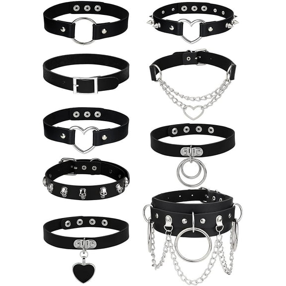 Jstyle 9-Piece Punk Leather Choker Necklace Set, Silver (Women's)
