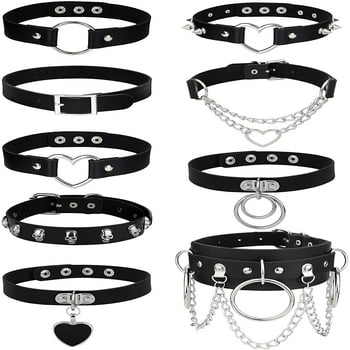 Jstyle 9Pcs Punk Leather Choker Necklace Set for Women Choker Gothic Adjustable Leather Collar Choker Punk PU Necklace Goth Choker Cosplay