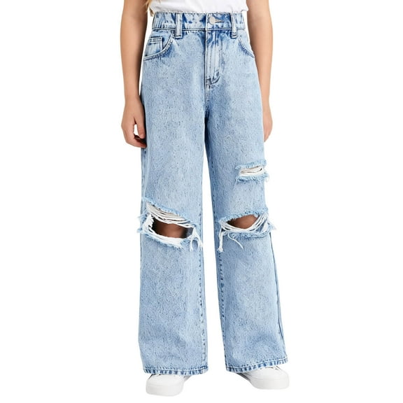 OGLCCG Baggy Jeans for Girls Teens Wide Leg Ripped High Waisted Denim Pants with Pockets Loose Cute Y2K Streetwear Jean Trousers 6-13 Years