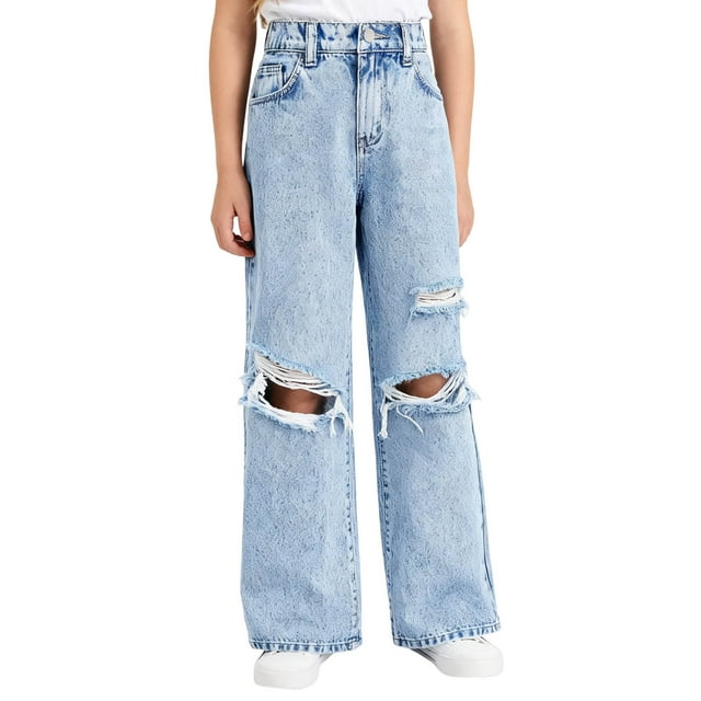 Girls Jeans Solid Color Distressed Long Pants Loose Wide Leg for Casual,Wide Leg Pants