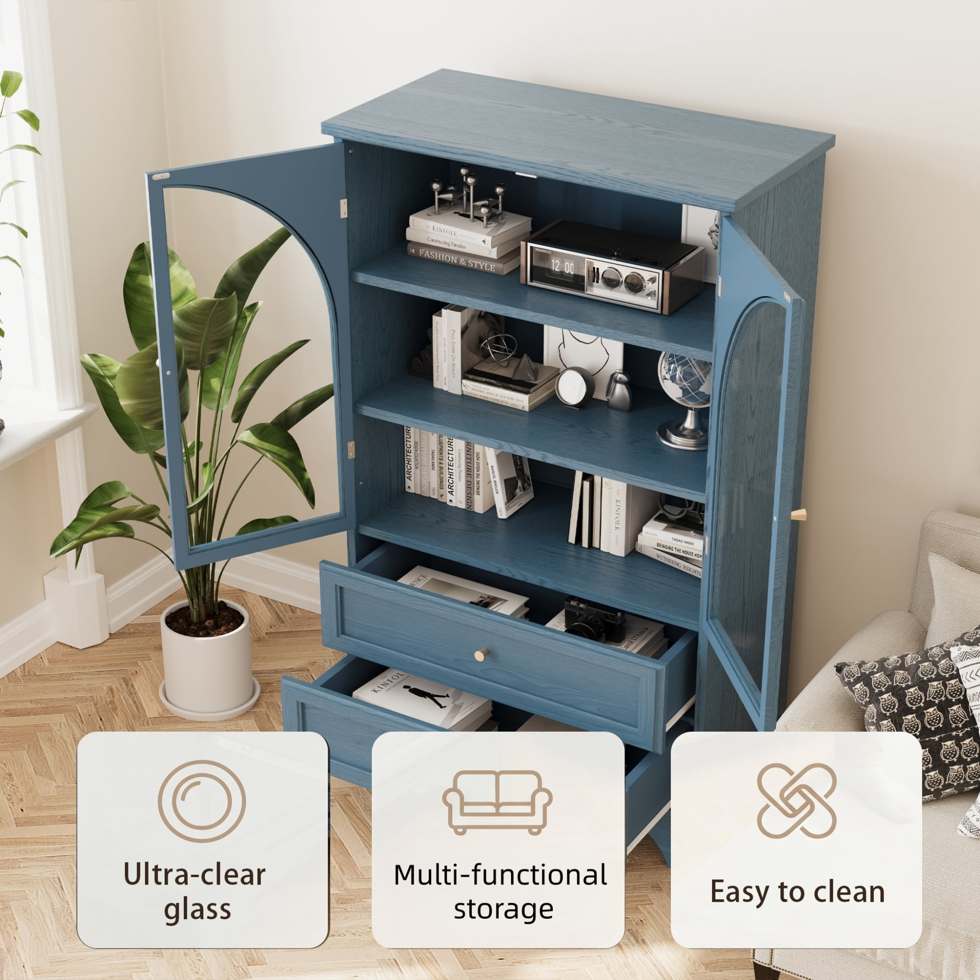 Leumius 52.17"H Glass Door Display Case Storage Cabinet with 2 Drawers and Adjustable Shelf, Spacious Storage Solutions, Curio Cabinet for Living Room, Bedroom, Kitchen and Office Blue