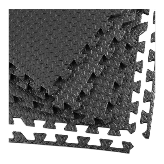 Gym Foam Mats 3/8 Inch Thick - 100 Sq Ft Interlocking Floor Tiles (24x24) - Steel Pattern Black - Fitness, Gyms, Home Workout, Playrooms