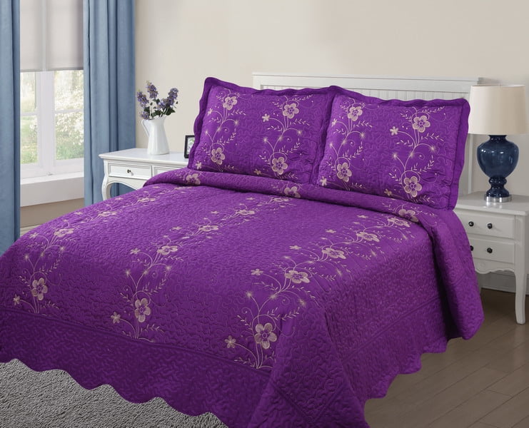 Full//Queen 3pc Oversized Luxury Bedspread Coverlet Set Solid Lavender