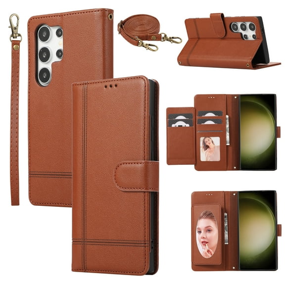 Allytechgroup Galaxy S24 Ultra Wallet Case with Makeup Mirror Hand Wrist Crossybody Shoulder Strap, Retro Multiple Cards Slots Cash Pocket Flip Stand Cover for Samsung Galaxy S24 Ultra, Brown