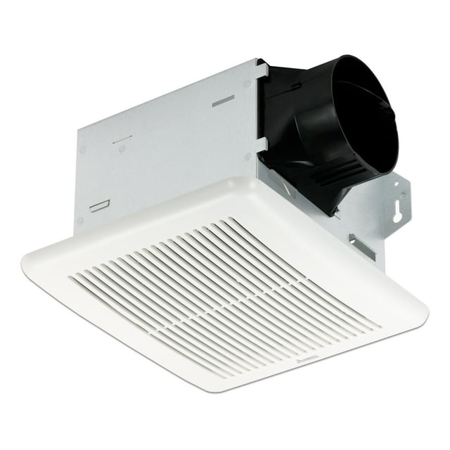 Delta BreezIntegrity ITG80 80 CFM Exhaust Bath Fan with a white vent grille and compact metal housing. Designed for ceiling mount, it features a DC brushless motor for energy efficiency and reliability, operating at 9.5 watts with a loudness rating of 1.3 sones. Ideal for ventilation in rooms up to 80 square feet, including bathrooms and laundry rooms.
