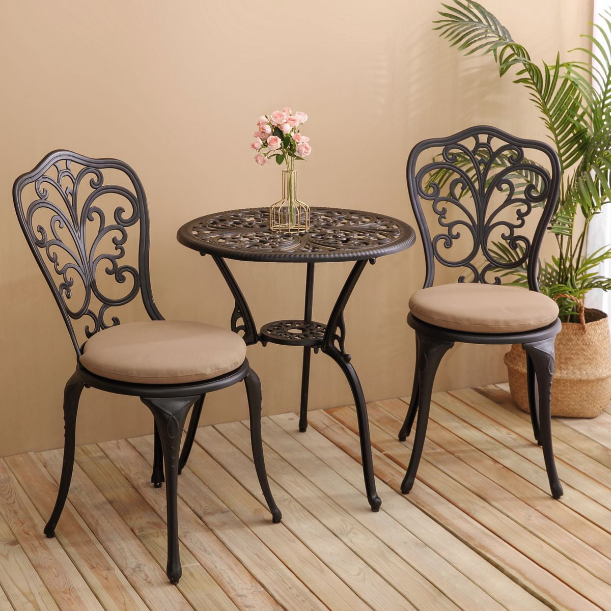 Sailvan 3-Piece Patio Bistro Set with Cushions, Cast Aluminum Outdoor Dining Furniture, Rust-Resistant Set for Yard, Black