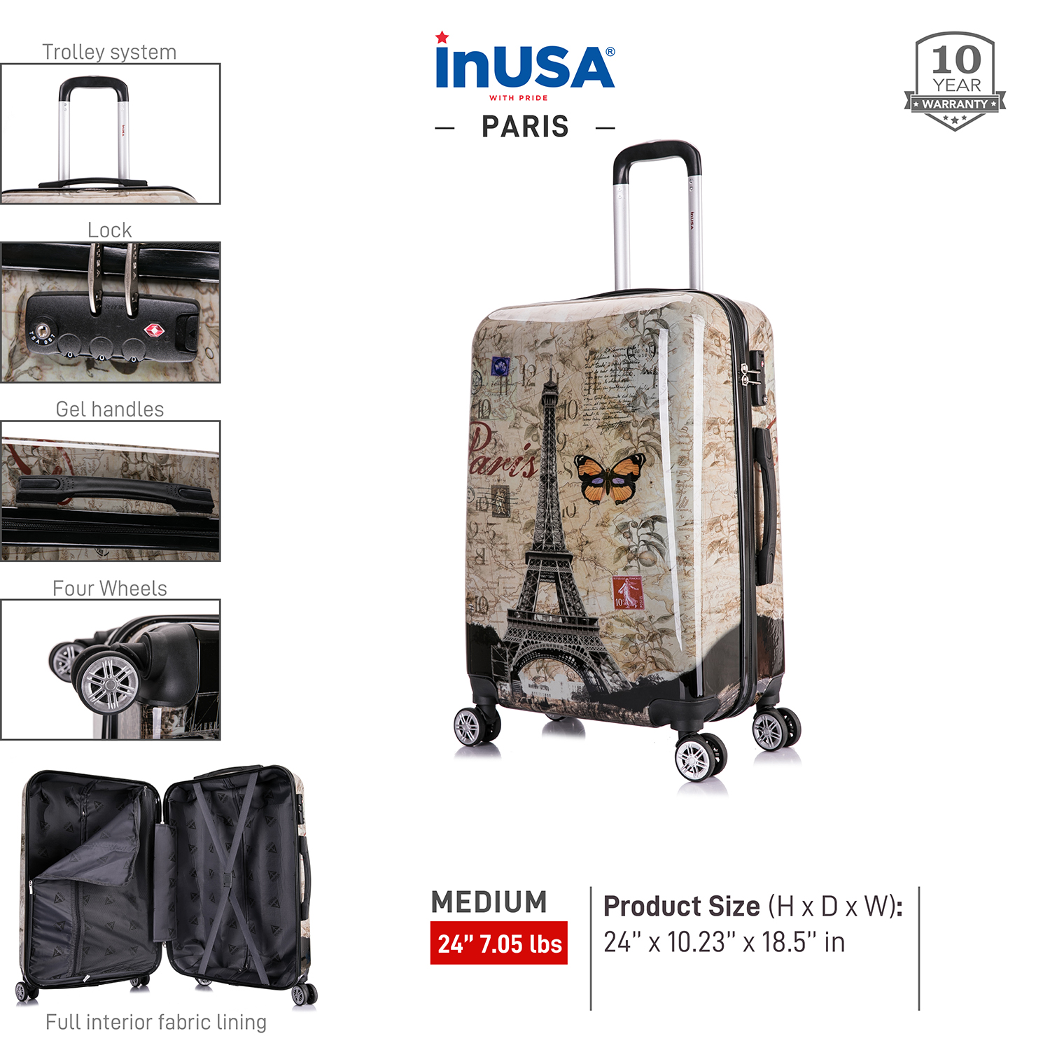 InUSA Print 24" Hardside Checked Luggage with Spinner Wheels, Handle and Trolley, Paris - image 10 of 15