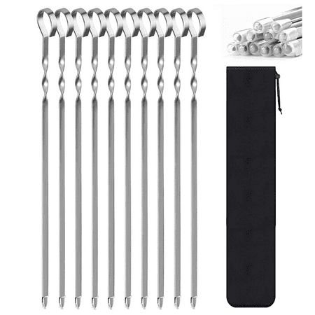 

BBQ Grilling Kabob Skewers - Stainless Steel - Long Reusable Flat Metal - Barbecue Shish Kebab Sticks – Set of 10 w/ Handy Storage Bag