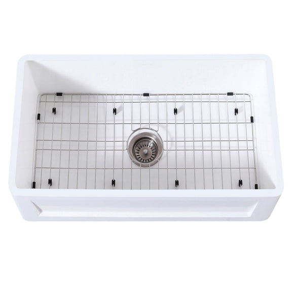 Gourmetier KGKFA331810SQ Arcticstone 33-Inch Solid Surface White Stone Apron-Front Single Bowl Farmhouse Kitchen Sink with Strainer and Grid in Matte White/Brushed