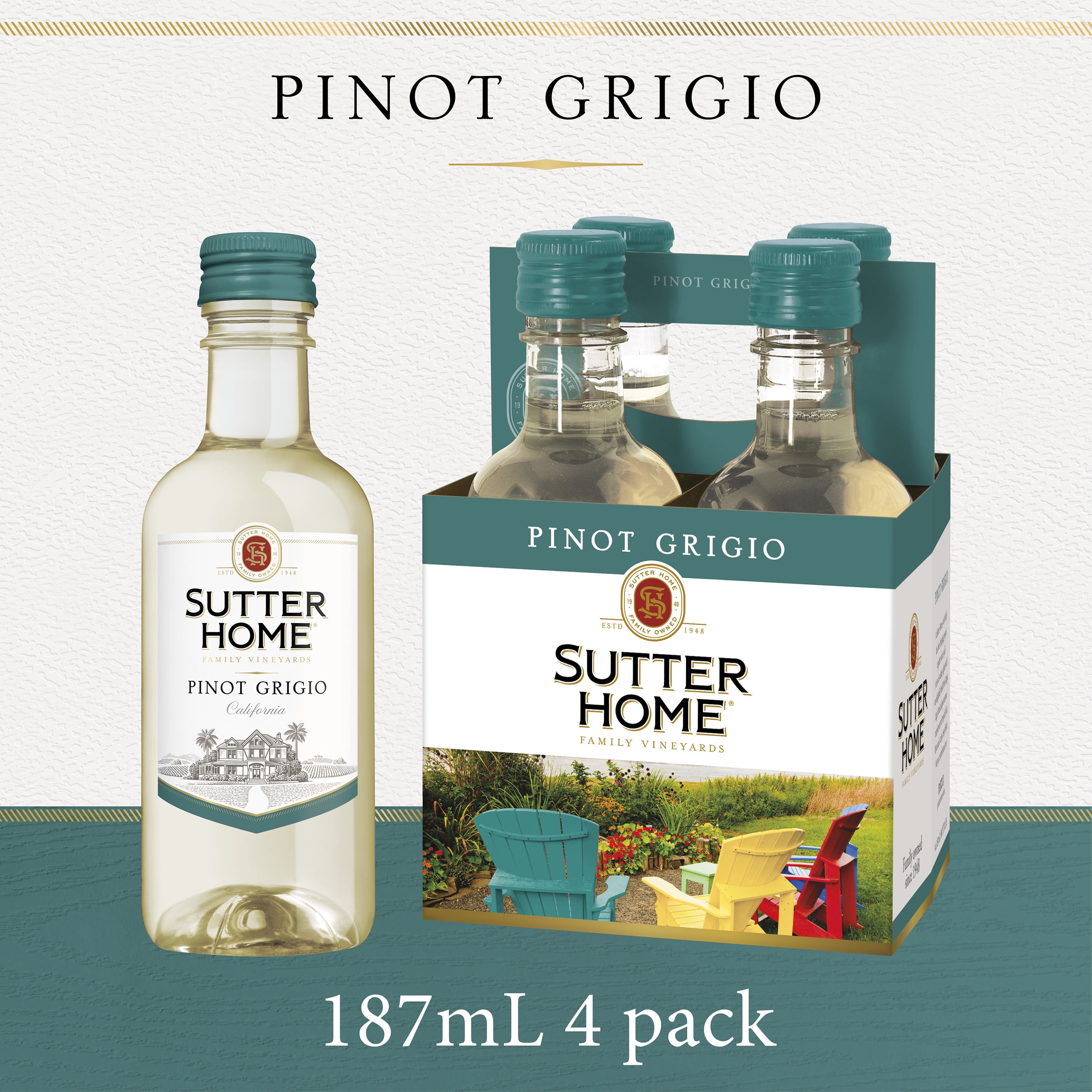 Sutter Home Pinot Grigio White Wine, 187mL Wine Bottles (4 Pack