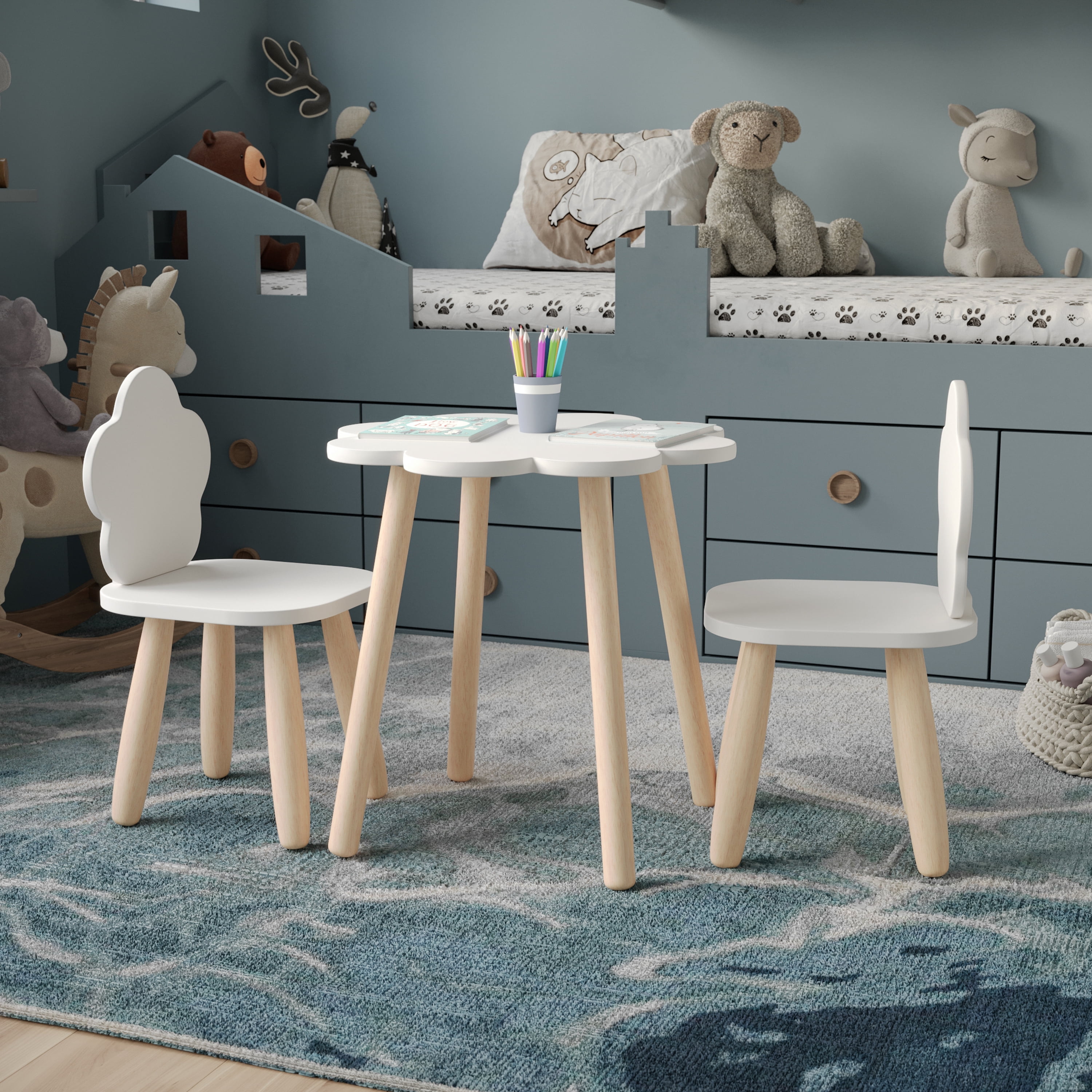 Buzz & Bloom Kids 3-Piece Wooden Cloud-Shaped Table and Chairs Set, White/Natural