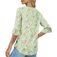 thumbnail image 4 of ZQUUVOU Women's T-Shirt Casual Printed Floral 3/4 Sleeve V-Neck Ruffle Blouse D-Green (L), 4 of 6