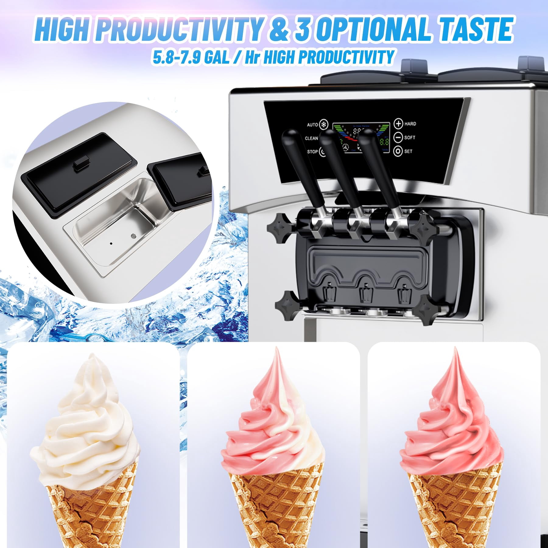 Soonbuy 2+1 Flavor Soft Serve Ice Cream Maker Machine Commercial, 5.8-8 Gal/Hr 2200W Soft Serve Machine with LCD Display, Auto Clean Pre-Cooling High Productivity for Restaurants & Snack