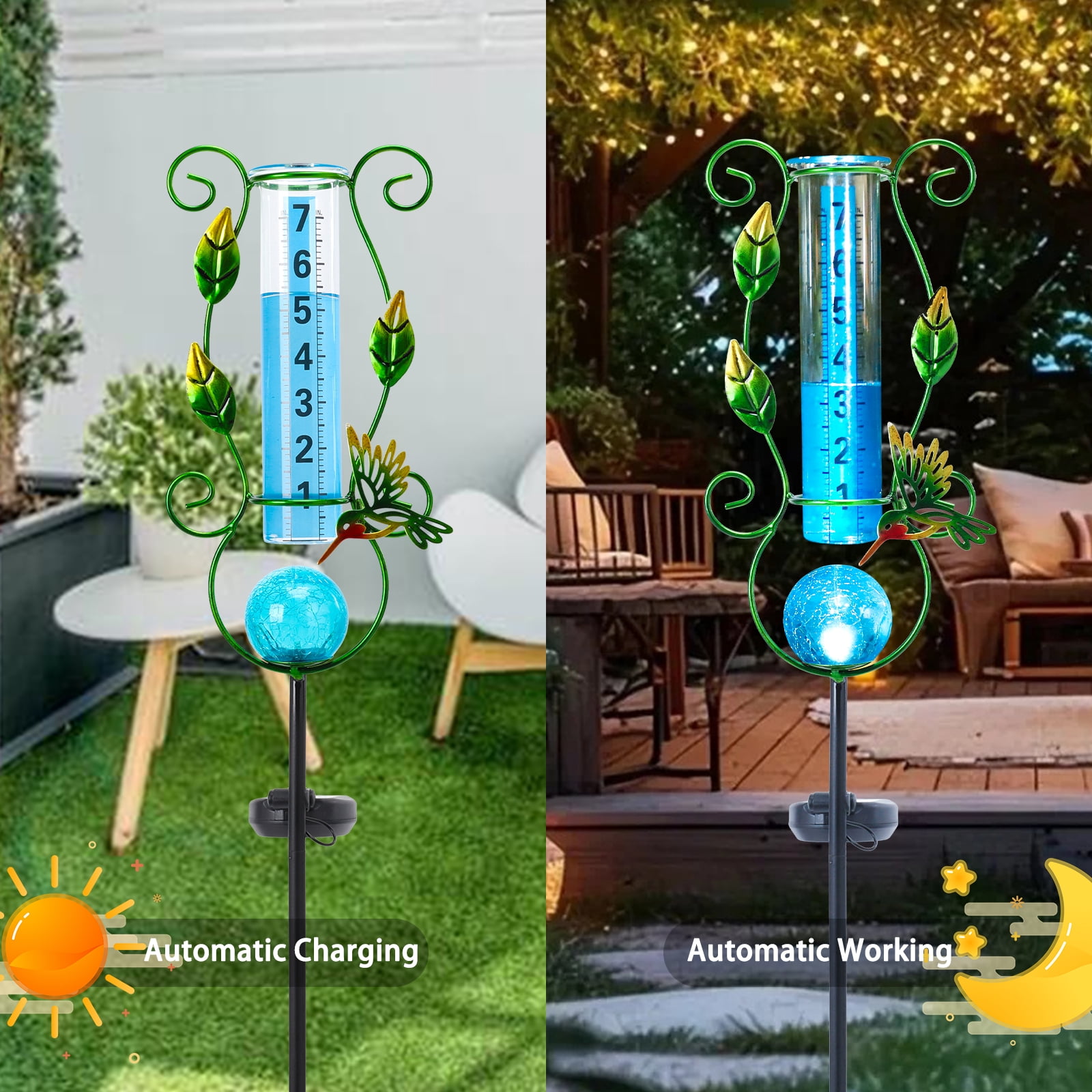 Outdoor Hummingbird & Leaf Solar Rain Gauge,Crackle Glass LED Ball, Metal Garden Stake for Patio, Lawn & Outdoor Decor