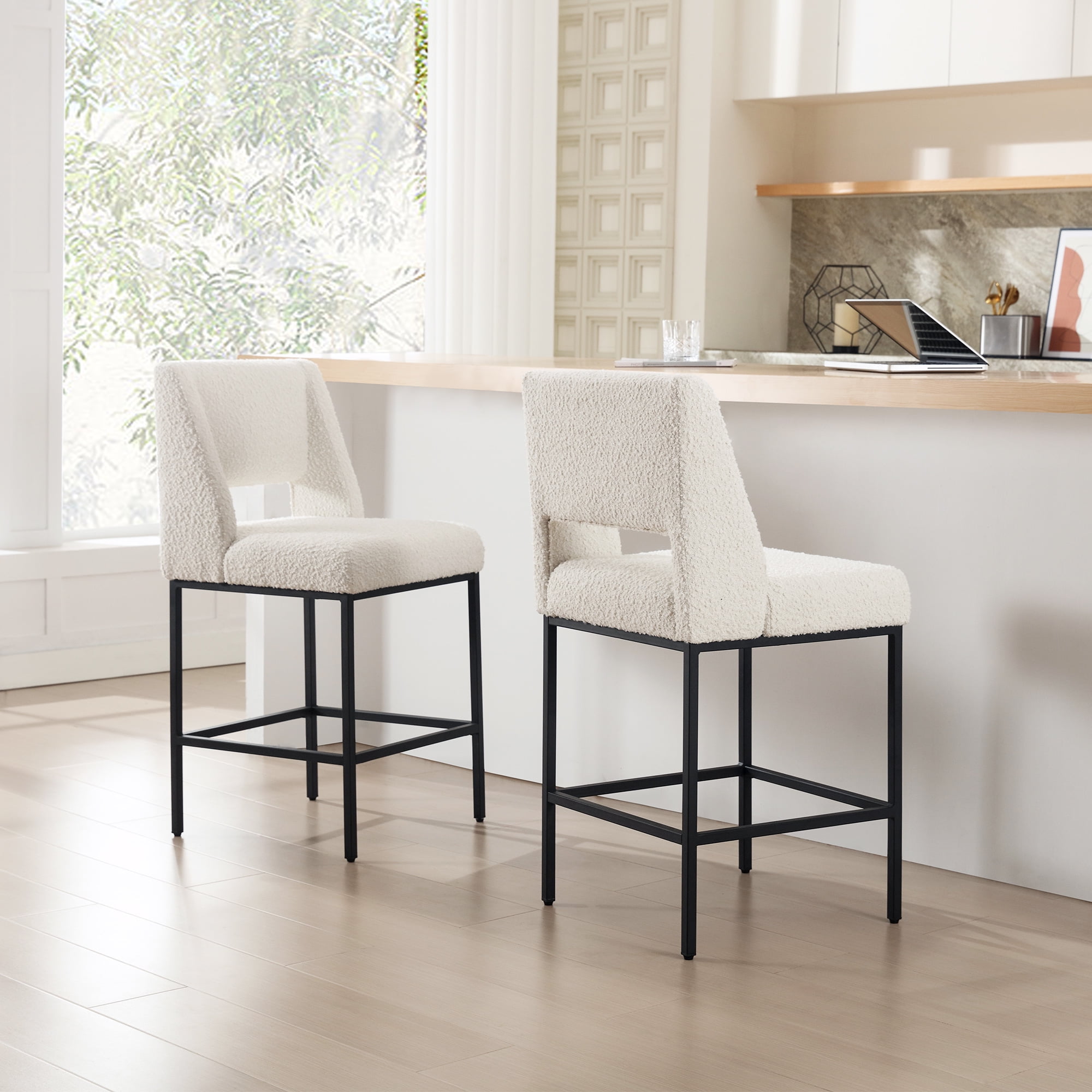 Zesthouse 26.4" Modern Counter Stools Set of 4, Boucle Fabric Bar Stools with Back and Metal Legs, Extra Thick Upholstered Counter Height Chairs for Kitchen Island, White