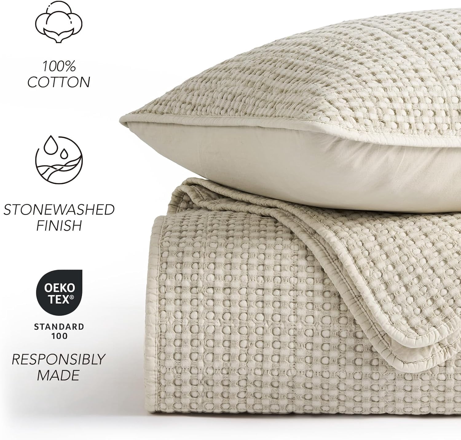 EVERGRACE Stonewashed 100% Natural Cotton Waffle Quilt Set King Size 3 Pieces, Soft, Breathable & Substantial Bedding, Quilted Coverlet Bedspread with 2 Shams for All Seasons, Natural