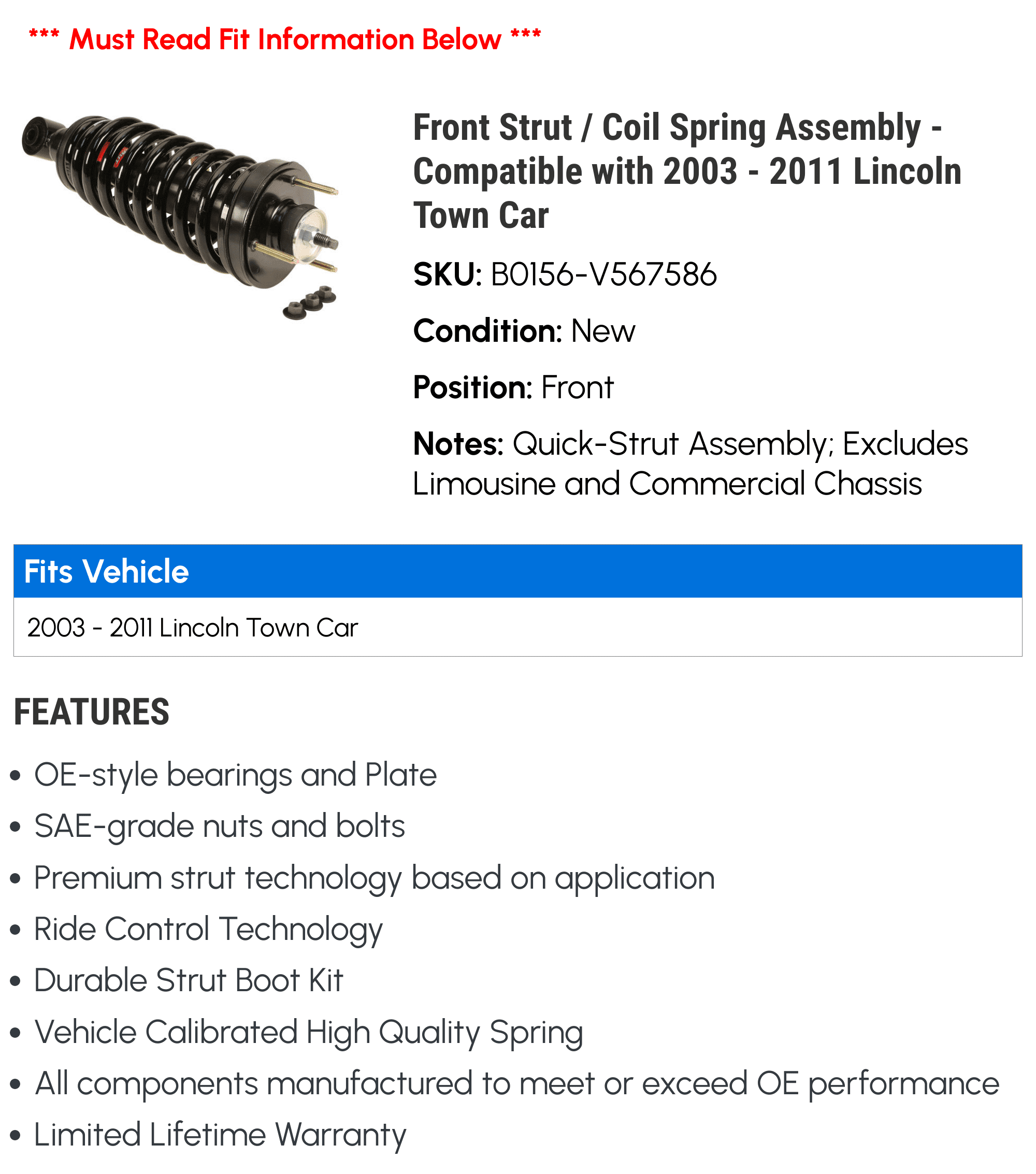 Front Strut / Coil Spring Assembly - Compatible with 2003 - 2011 Lincoln Town Car 2004 2005 2006 2007 2008 2009 2010