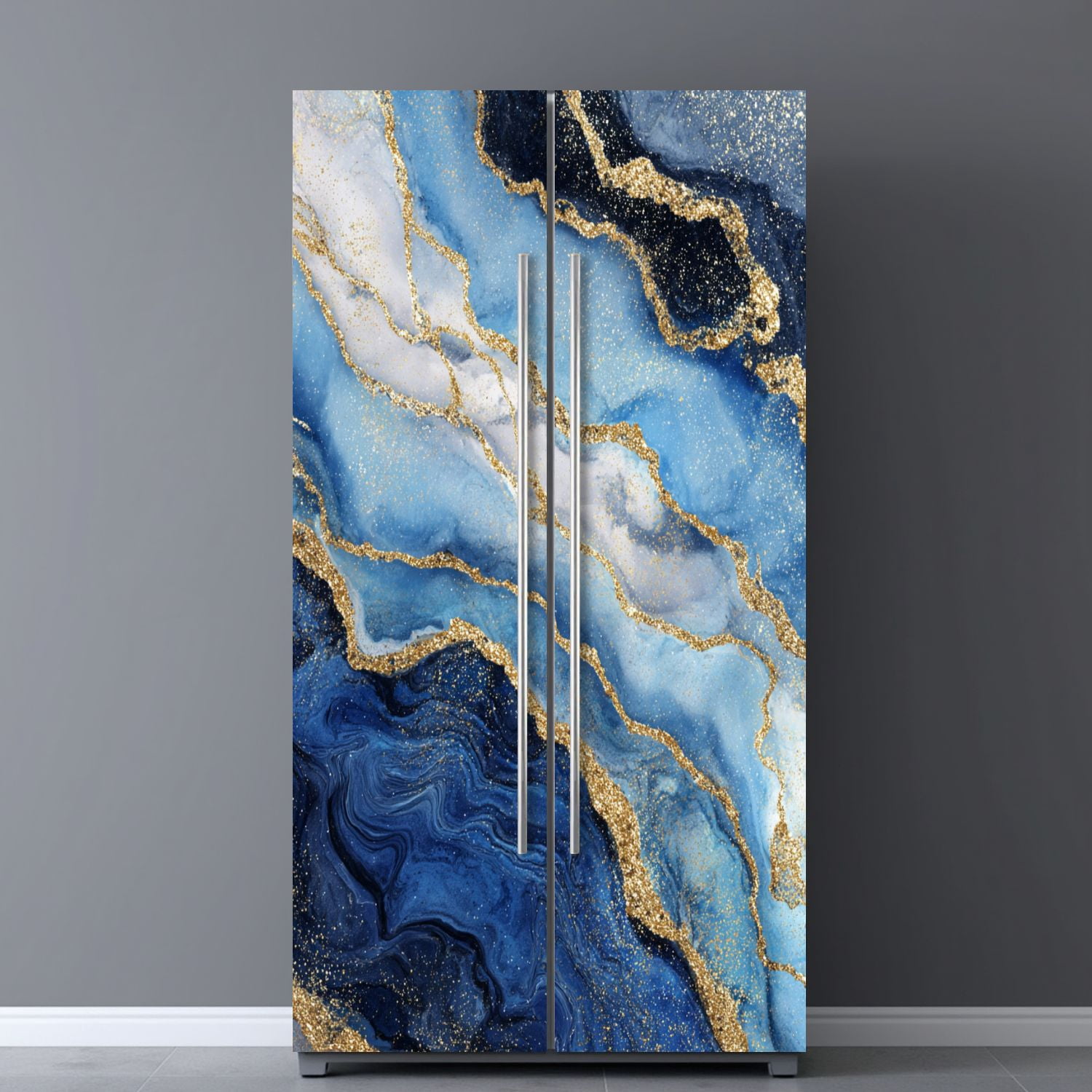 Self Adhesive Vinyl Refrigerator Wrap Set abstract white blue marble golden veins fake stone liquid Door Mural Removable Fridge Sticker Peel and Stick&nbsp;Full Door Cover Decal Kitchen Bar Decor