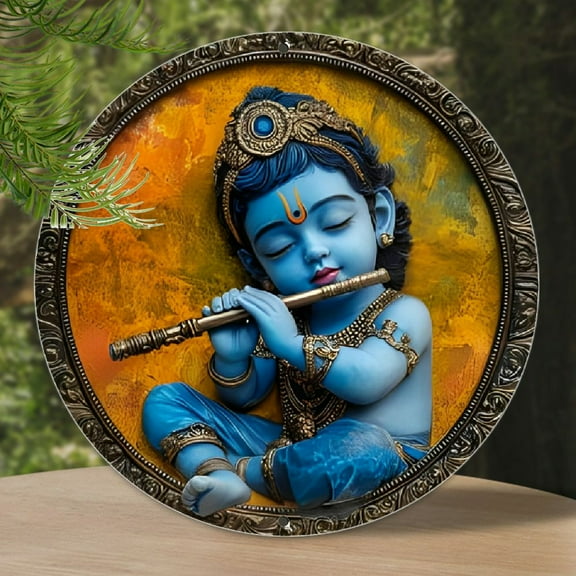 [Vintage Metal Wall Art Decor] Krishna Playing Flute Vintage Metal Sign - 7.8x7.8" Round Aluminum Wall Art for Home, Bar, Cafe & Beach House Decor