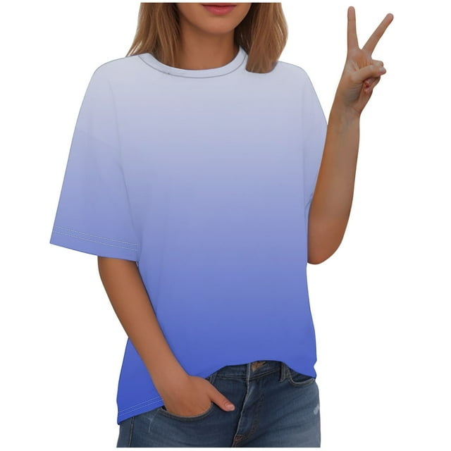 Scyoekwg Womens Summer Tops Round Neck Basic Tops Lightweight Loose Trendy Gradient Color Blouses (Light Blue,XXL)