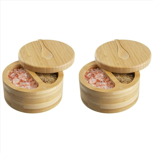 2X Caja de Condimentos con Tapa Giratoria Salero de Bambú con Tapa y Cuchara, Salero y Pimentero de 2 Compartimentos, Doble de 6 Onzas