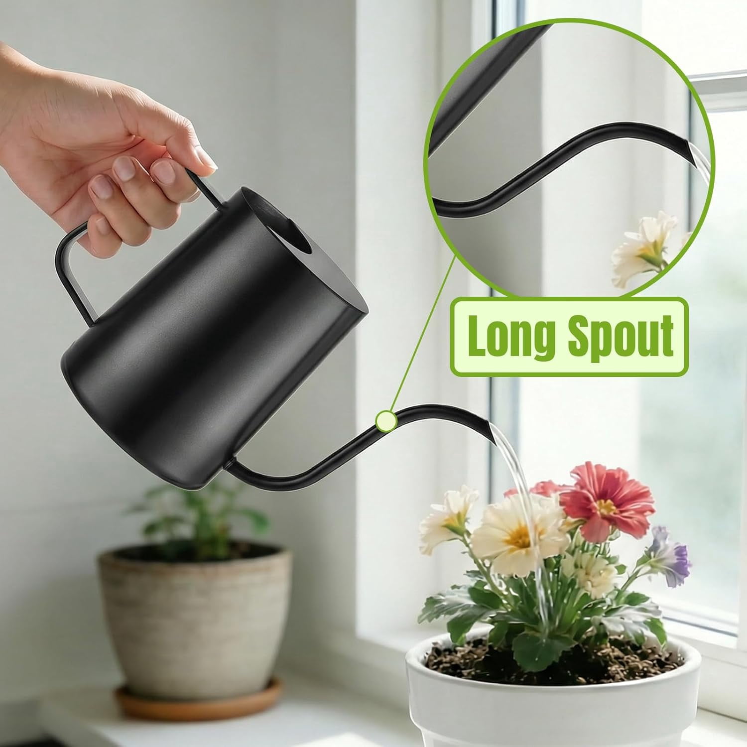 34oz/1000ml Watering Can Indoor Plants with Long Spout, Plant for Ergonomic Handle, Rust-Resistant & Durable 304 Stainless Steel, Office Home (Black)