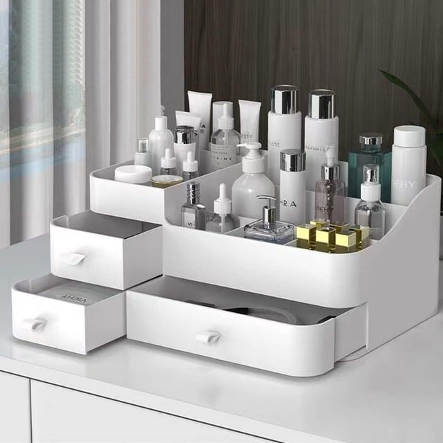 Organizador de maquillaje sofisticado, diseño de apariencia elegante para guardar joyas, pinceles, lápices labiales y cremas, almacenamiento clasificado con cajones para cosméticos, materiales de