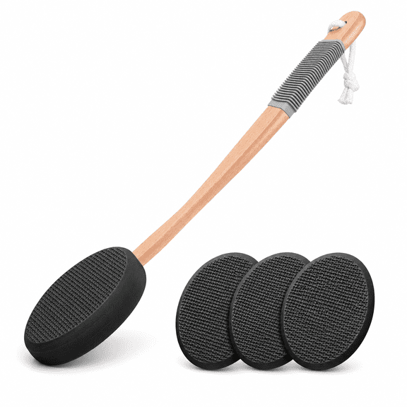 Lotion Applicator for Back,Foot,4 Replaceable Pads with 1 Long Handle,Back Scrubber for Shower,Back Lotion Applicator for Elderly,Women,Black
