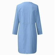 CALAFEBILA Summer Dresses for Women 2025 Vacation Long Sleeve Solid Color Knee Length Shirt Dress Cotton Linen Button Down Long Women's Dresses