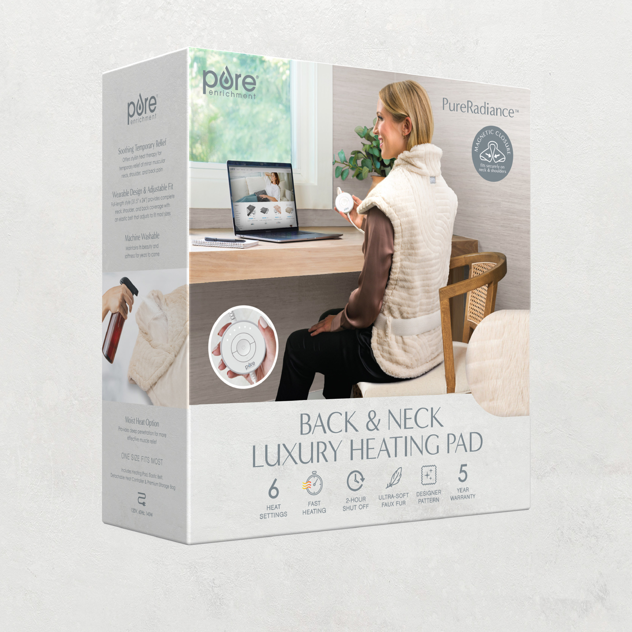 Pure Enrichment PureRadiance Back & Neck Luxury Heating Pad for Pain Relief, Patented Design, Soft Faux Fur & Micromink, 6 Heat Settings, Machine Washable, Universal Fit, 31.5” x 24” (Golden Sands)