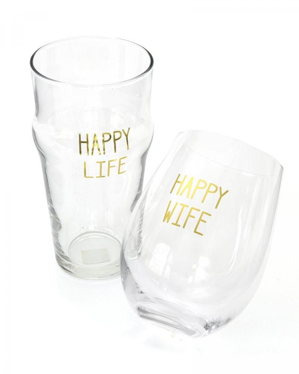 'HAPPY WIFE HAPPY LIFE' WINE/BEER GLASS SET - 2 COUNT