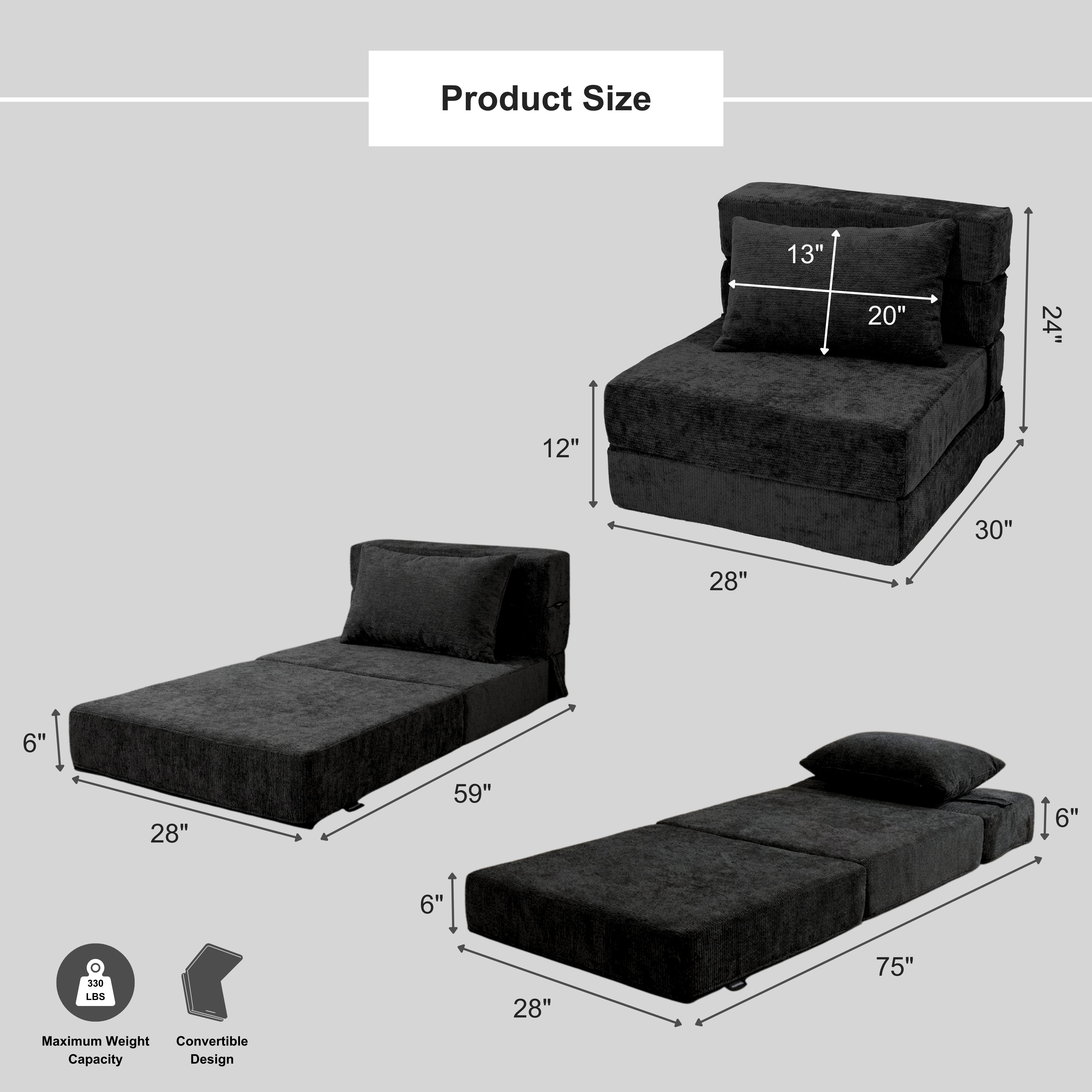 Oak and Birch 3-in-1 Folding Floor Sofa Bed, Convertible Floor Sofa to Chaise & Sleeper with Lumbar Pillow for Apartment, Dorm & Small Spaces, Chenille, Black