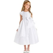 Girls White Satin Cascading Ribbon Accent Communion Dress 16