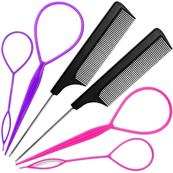Topsy Tail Hair Tools,6Pcs Hair Loop Styling Tool Set with 2Pcs Metal Pin Rat Tail Comb (black) 4Pcs French Braid Tool Loop (Pink, purple)for Woman,Girls Hair Styling,100pcs Hair Elastic Rubber Bands