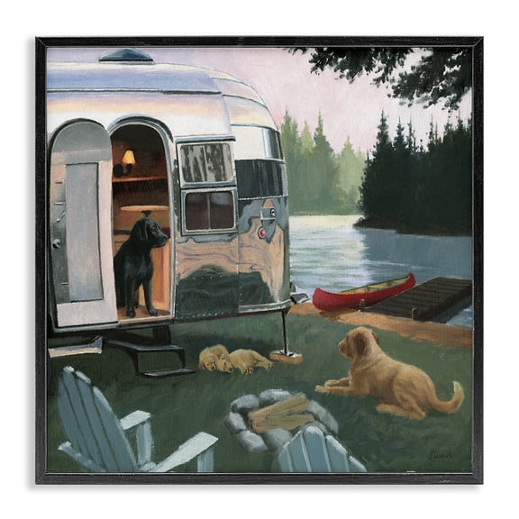 Stupell Industries Farmhouse Camping Dogs at Lake Black Framed Giclee Art, 12 x 12, by James Wiens