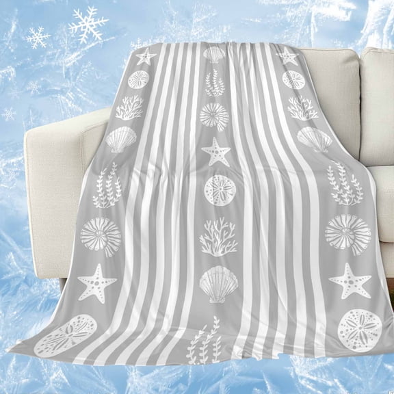 Grey Striped Coastal Cooling Blanket, Lightweight Breathable Summer Throw Blanket with Double Sided Cold Effect,Nautical Beach Starfish Shell Picnic Beach Blankets Bed Sheet for Hot Sleepers 30"x40"