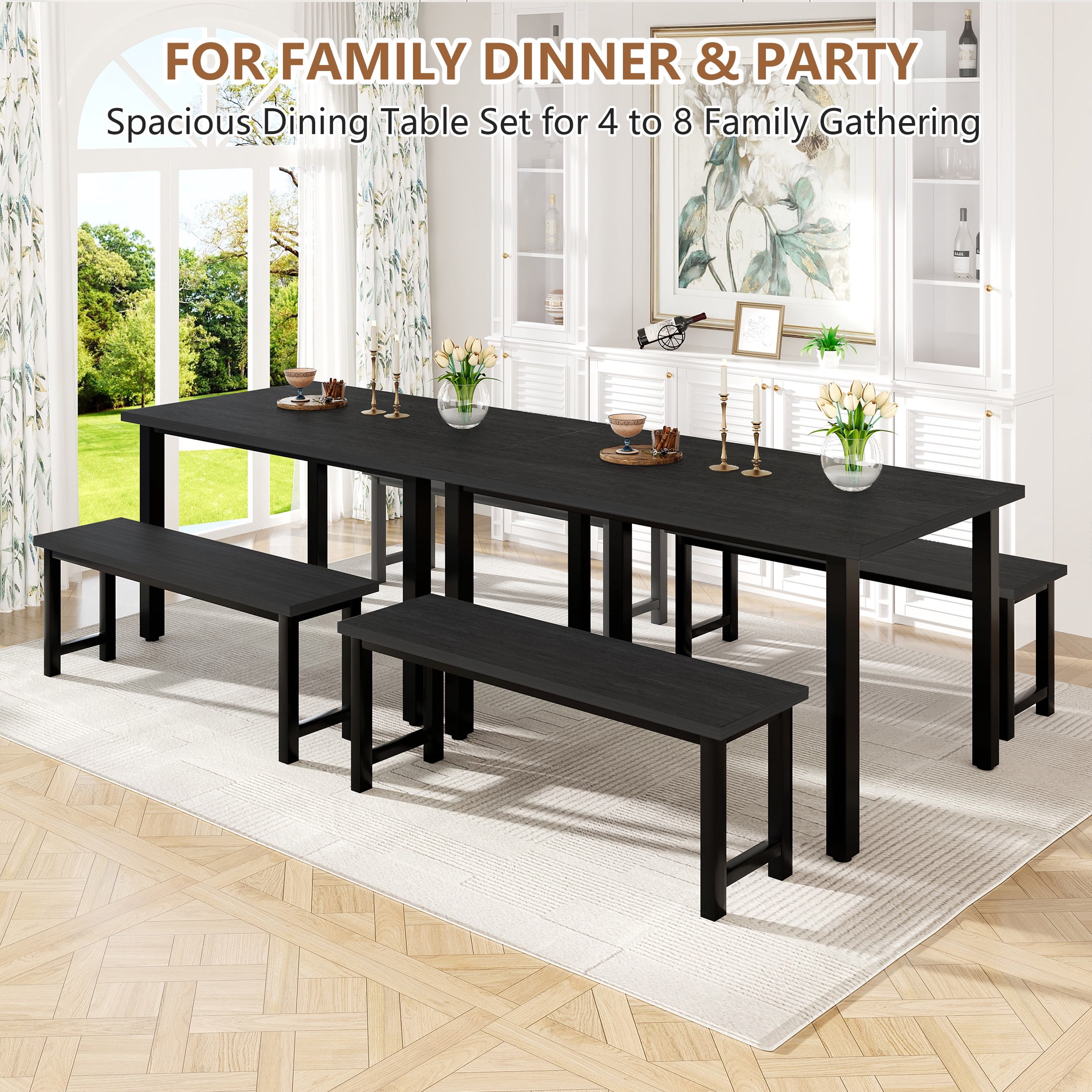PORKISS 3 Piece Dining Table Set for 4, Kitchen Table with 2 Benches, Modern Dining Room Table Set with Metal Frame, Space Saving Breakfast Nook Table Set for Small Spaces, Apartment, Black
